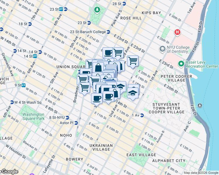 map of restaurants, bars, coffee shops, grocery stores, and more near 207 East 15th Street in New York