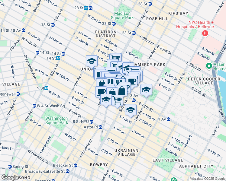 map of restaurants, bars, coffee shops, grocery stores, and more near 138 East 14th Street in New York