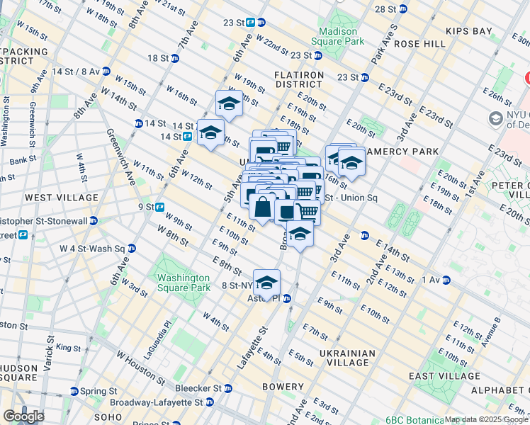 map of restaurants, bars, coffee shops, grocery stores, and more near 52 East 13th Street in New York