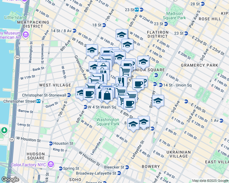 map of restaurants, bars, coffee shops, grocery stores, and more near 19 West 10th Street in New York