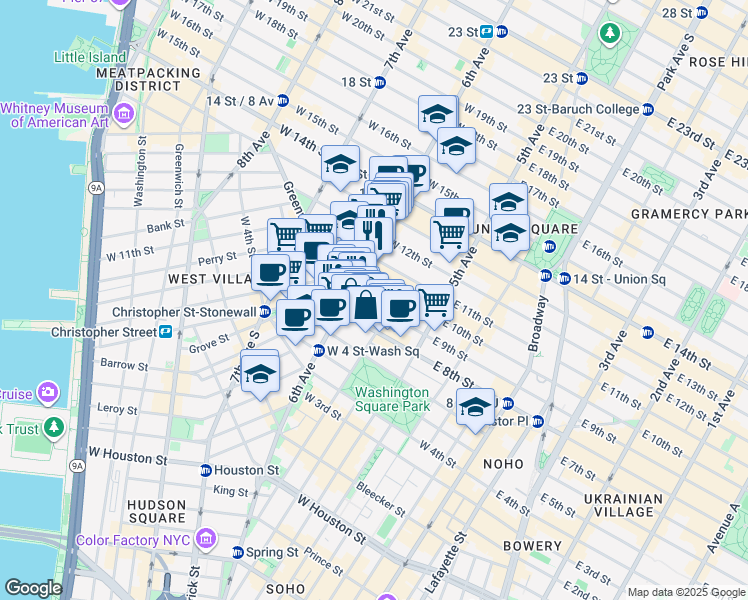 map of restaurants, bars, coffee shops, grocery stores, and more near 53 West 9th Street in New York