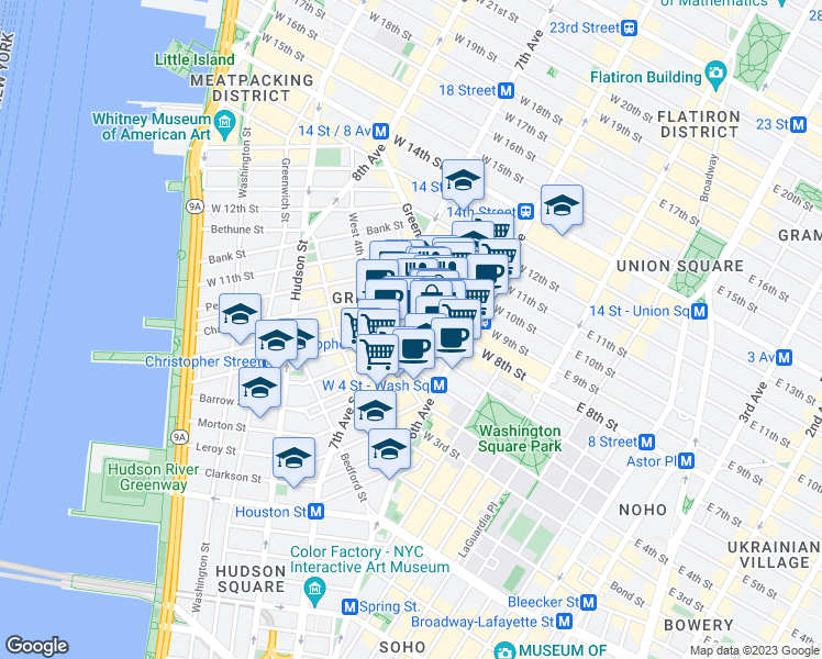 map of restaurants, bars, coffee shops, grocery stores, and more near in New York