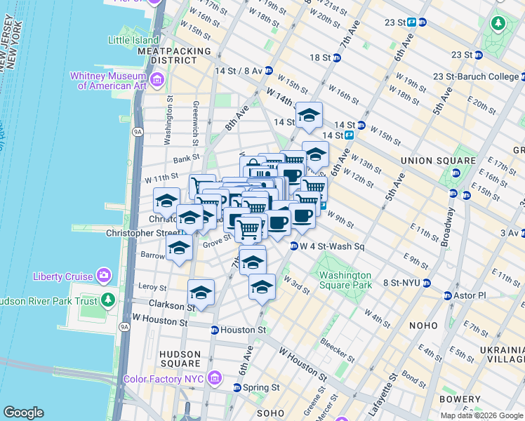 map of restaurants, bars, coffee shops, grocery stores, and more near in New York