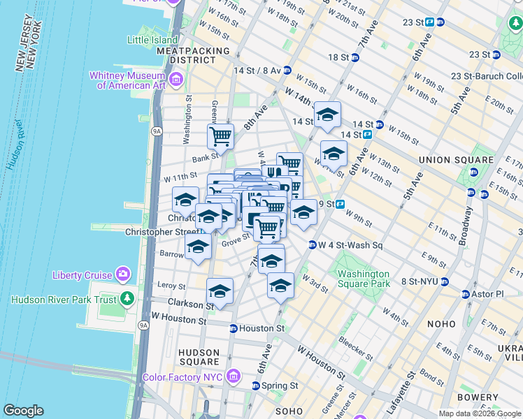 map of restaurants, bars, coffee shops, grocery stores, and more near 341 Bleecker Street in New York