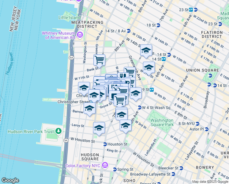 map of restaurants, bars, coffee shops, grocery stores, and more near 341 Bleecker Street in New York