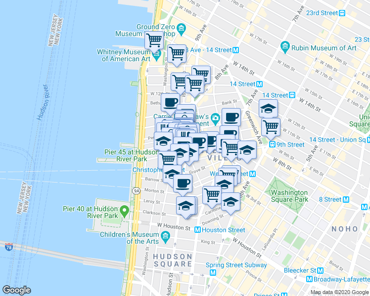 map of restaurants, bars, coffee shops, grocery stores, and more near in New York