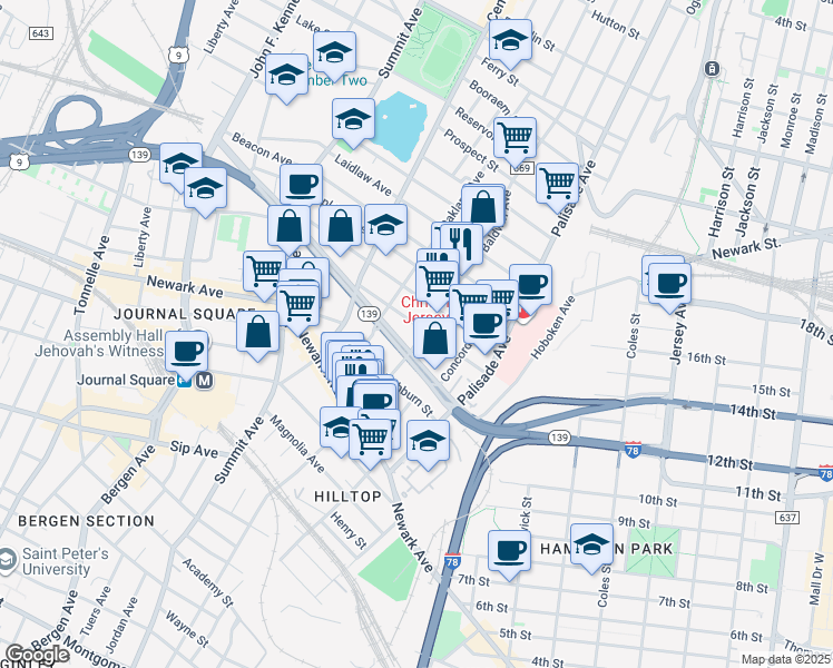 map of restaurants, bars, coffee shops, grocery stores, and more near 46 Fleet Street in Jersey City