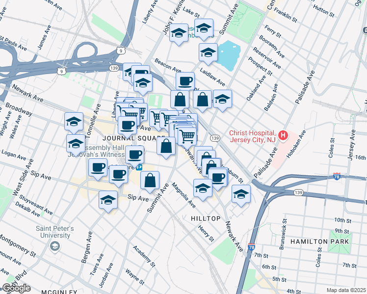 map of restaurants, bars, coffee shops, grocery stores, and more near 564-580 Summit Avenue in Jersey City