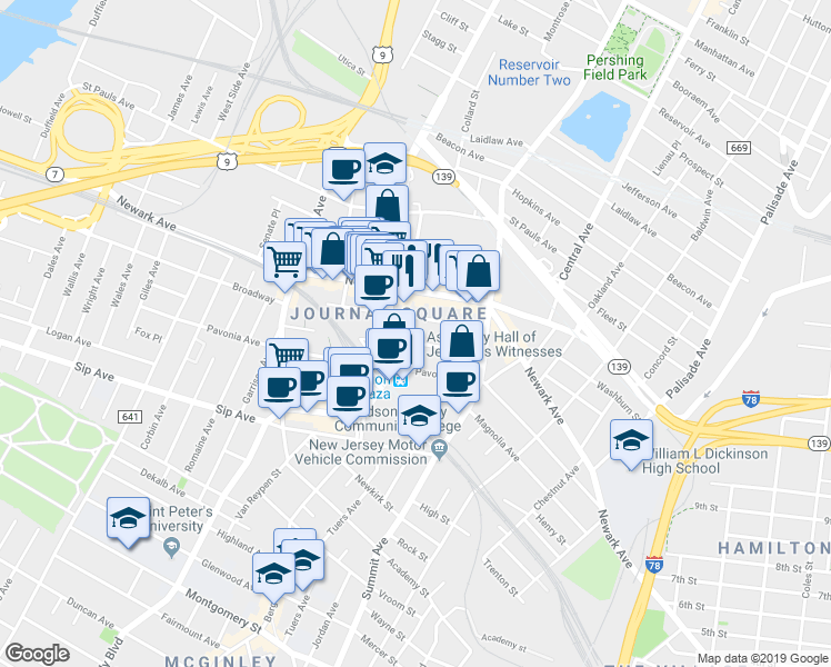 map of restaurants, bars, coffee shops, grocery stores, and more near 74 Cottage Street in Jersey City