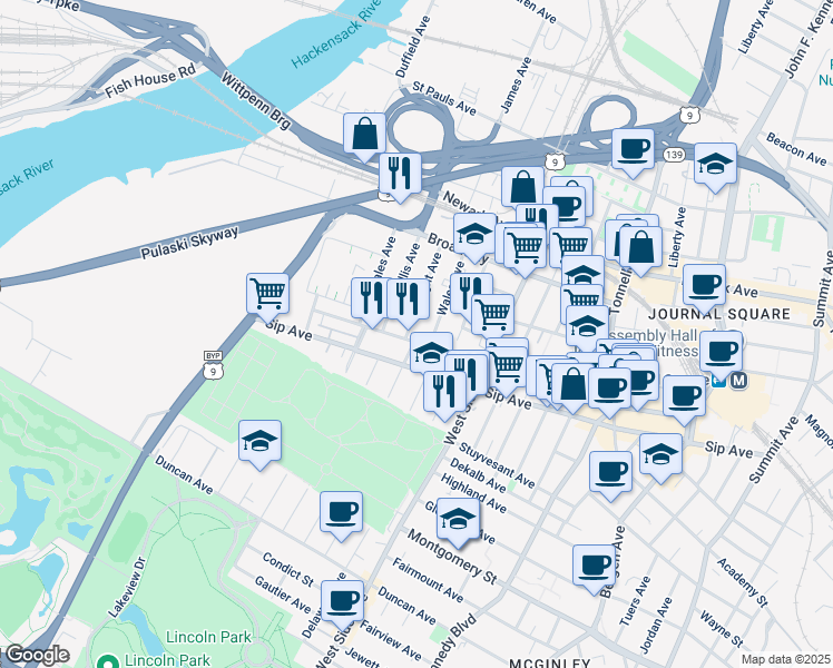 map of restaurants, bars, coffee shops, grocery stores, and more near 9 Wales Avenue in Jersey City