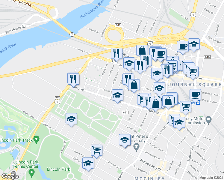 map of restaurants, bars, coffee shops, grocery stores, and more near 9 Wales Avenue in Jersey City