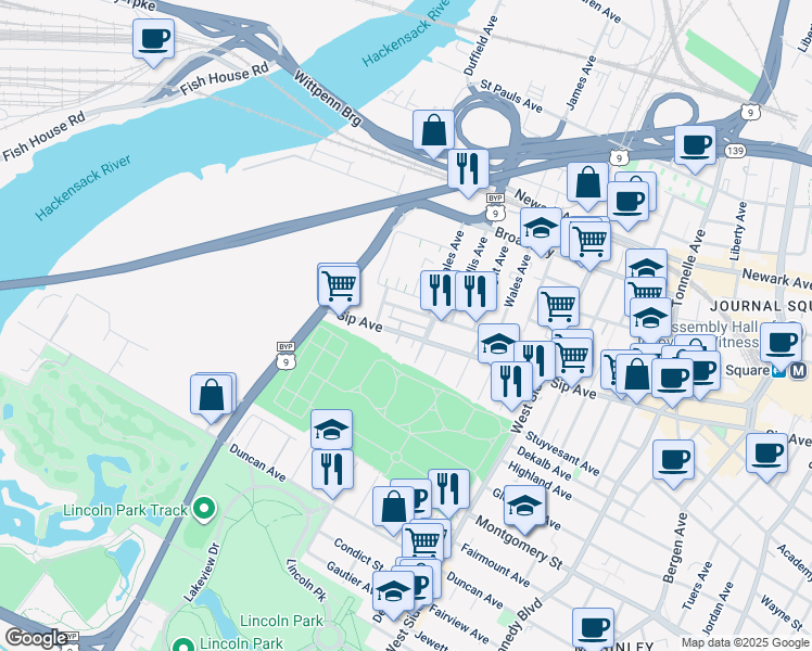 map of restaurants, bars, coffee shops, grocery stores, and more near 111 Logan Avenue in Jersey City