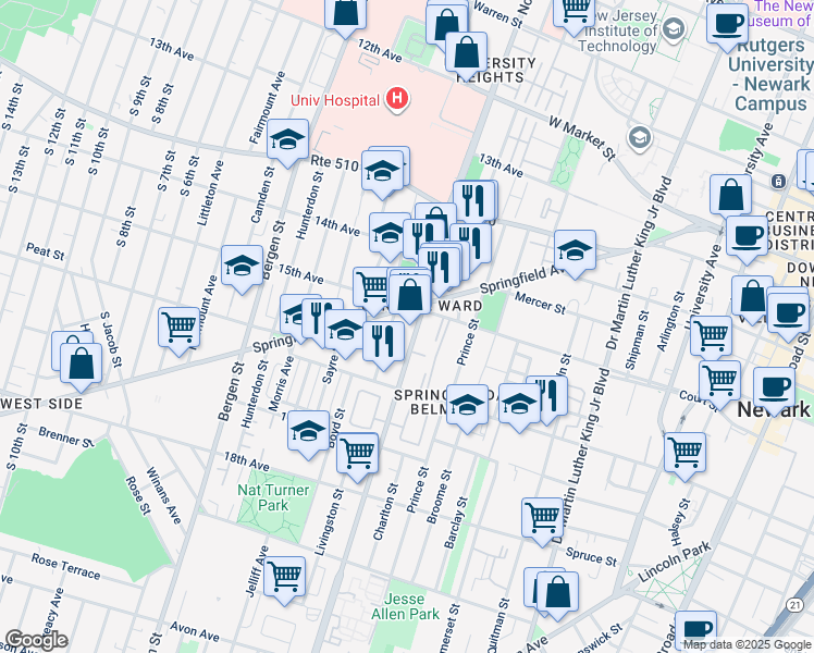 map of restaurants, bars, coffee shops, grocery stores, and more near 18 Irvine Turner Boulevard in Newark