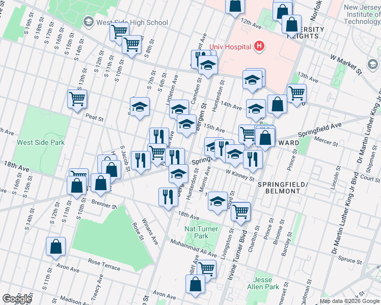 map of restaurants, bars, coffee shops, grocery stores, and more near 23 16th Avenue in Newark
