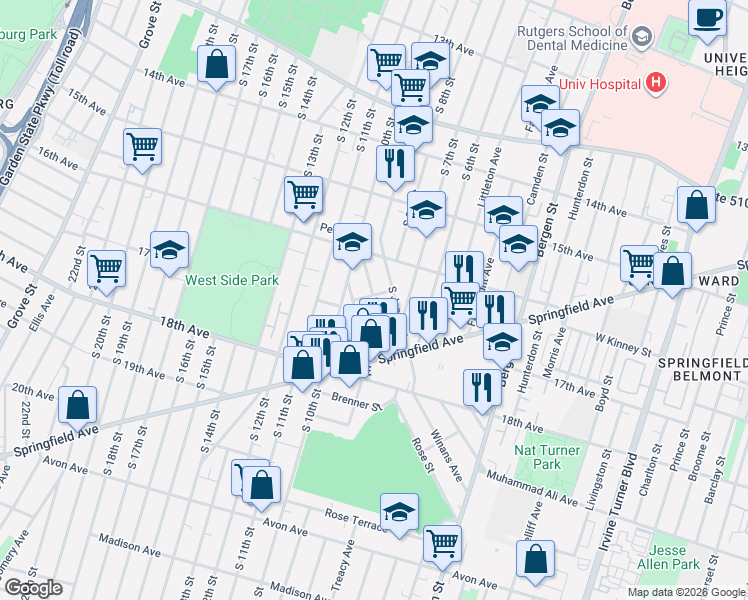 map of restaurants, bars, coffee shops, grocery stores, and more near 51 Holland Street in Newark