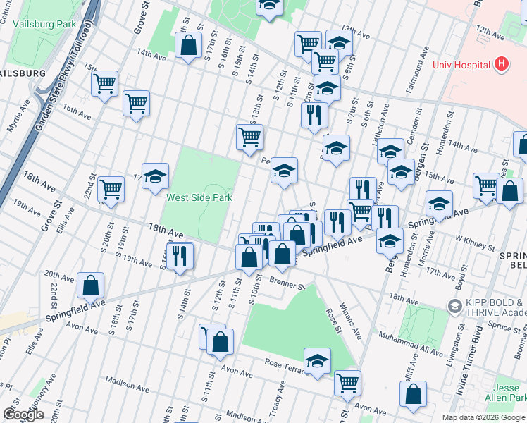 map of restaurants, bars, coffee shops, grocery stores, and more near 12 Belgium Street in Newark