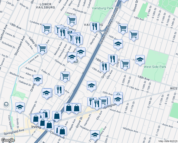 map of restaurants, bars, coffee shops, grocery stores, and more near 288 Eastern Parkway in Irvington