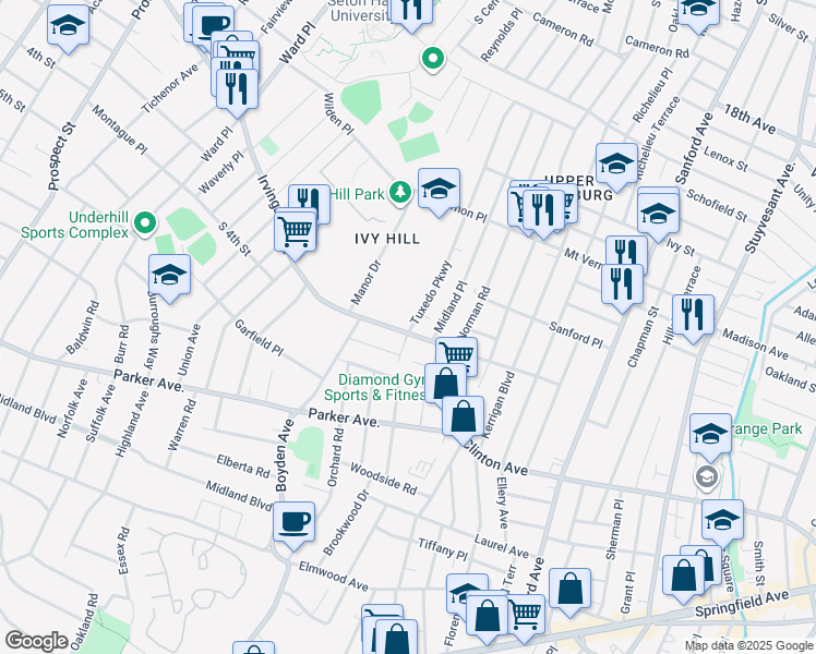 map of restaurants, bars, coffee shops, grocery stores, and more near 624 Irvington Avenue in Maplewood