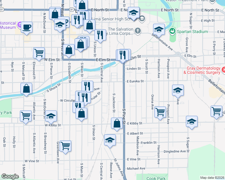 map of restaurants, bars, coffee shops, grocery stores, and more near 330 South Jackson Street in Lima