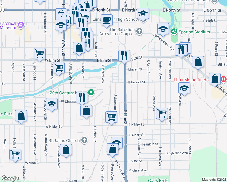 map of restaurants, bars, coffee shops, grocery stores, and more near 330 South Jackson Street in Lima