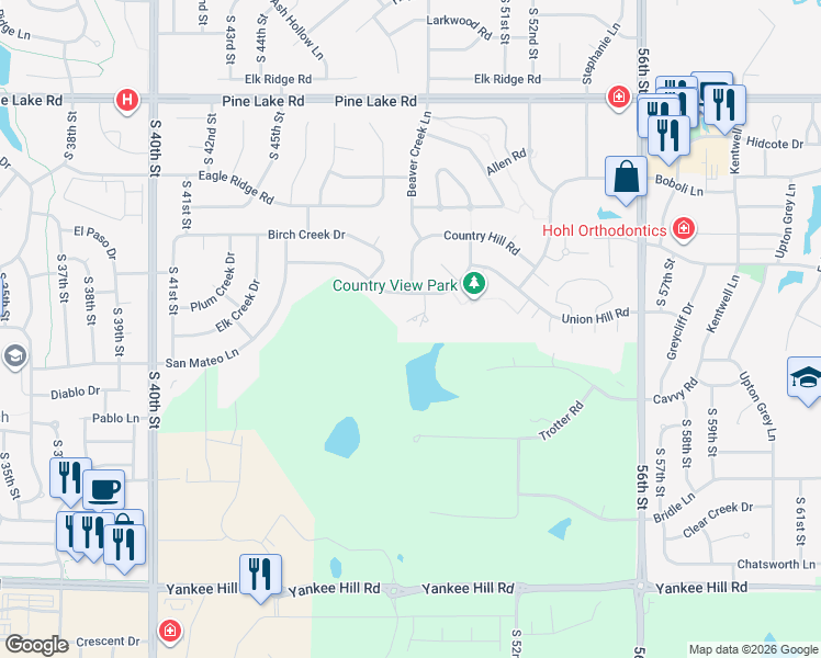 map of restaurants, bars, coffee shops, grocery stores, and more near 7521 Union Hill Court in Lincoln