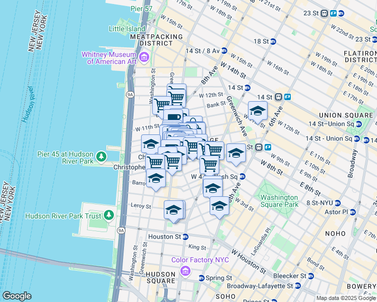 map of restaurants, bars, coffee shops, grocery stores, and more near 223 West 10th Street in New York