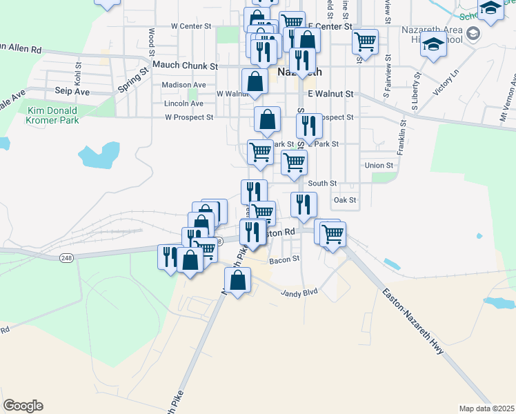 map of restaurants, bars, coffee shops, grocery stores, and more near 538 South Main Street in Nazareth