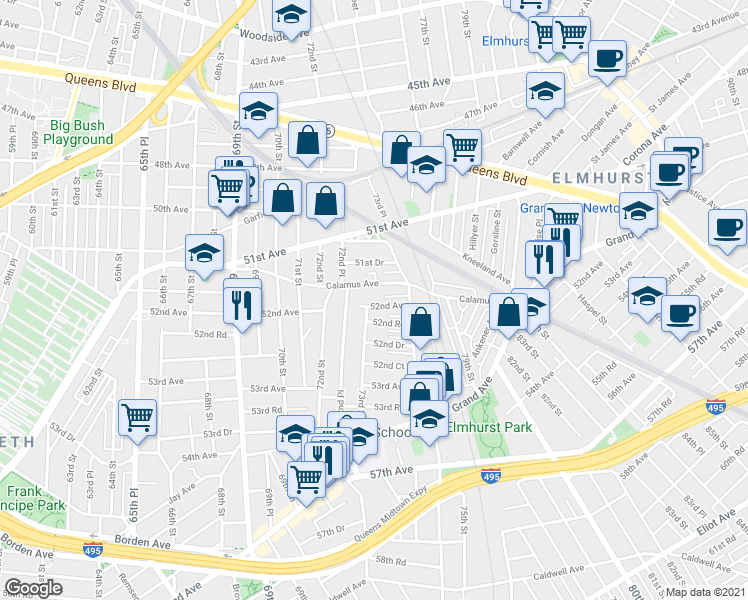 map of restaurants, bars, coffee shops, grocery stores, and more near 73-05 52nd Avenue in Queens