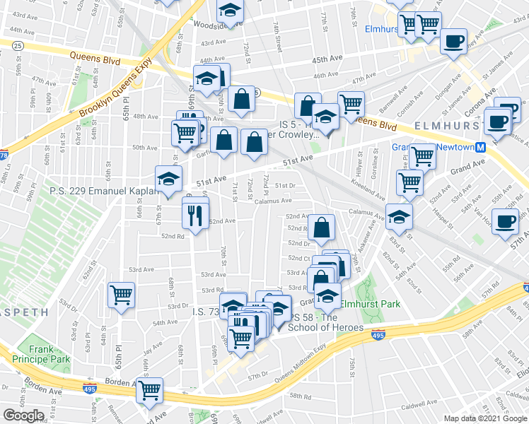 map of restaurants, bars, coffee shops, grocery stores, and more near 51-68 72nd Place in Queens