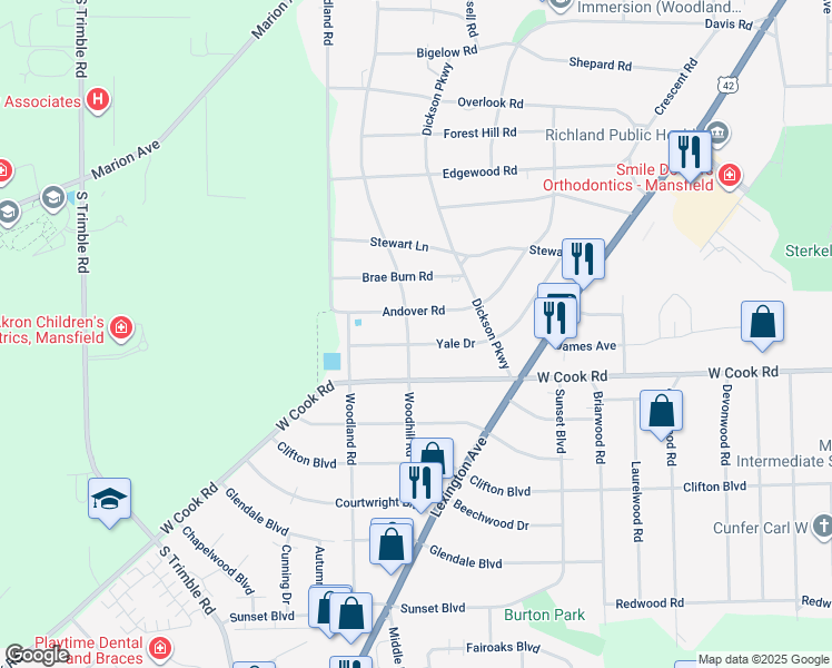 map of restaurants, bars, coffee shops, grocery stores, and more near 907 Woodhill Road in Mansfield