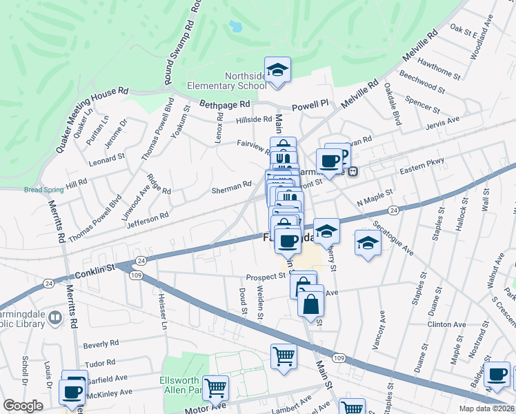 map of restaurants, bars, coffee shops, grocery stores, and more near 15 Columbia Street in Farmingdale