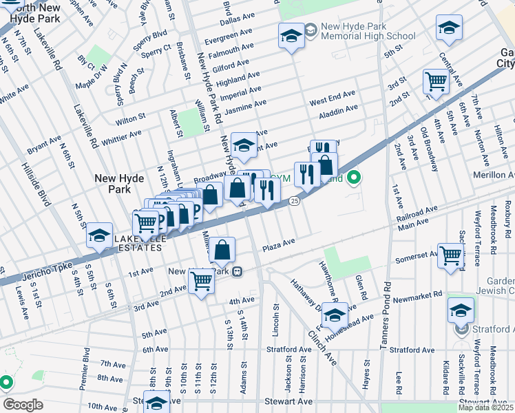 map of restaurants, bars, coffee shops, grocery stores, and more near 1523 Jericho Turnpike in New Hyde Park
