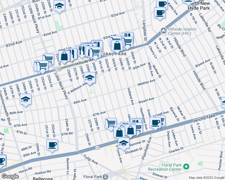 map of restaurants, bars, coffee shops, grocery stores, and more near 261-11 86th Avenue in Queens