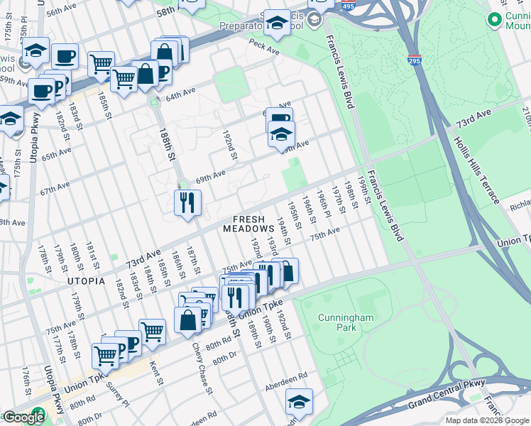 map of restaurants, bars, coffee shops, grocery stores, and more near 73-11 193rd Street in Queens