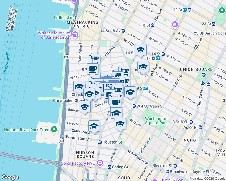 map of restaurants, bars, coffee shops, grocery stores, and more near 190 West 10th Street in New York