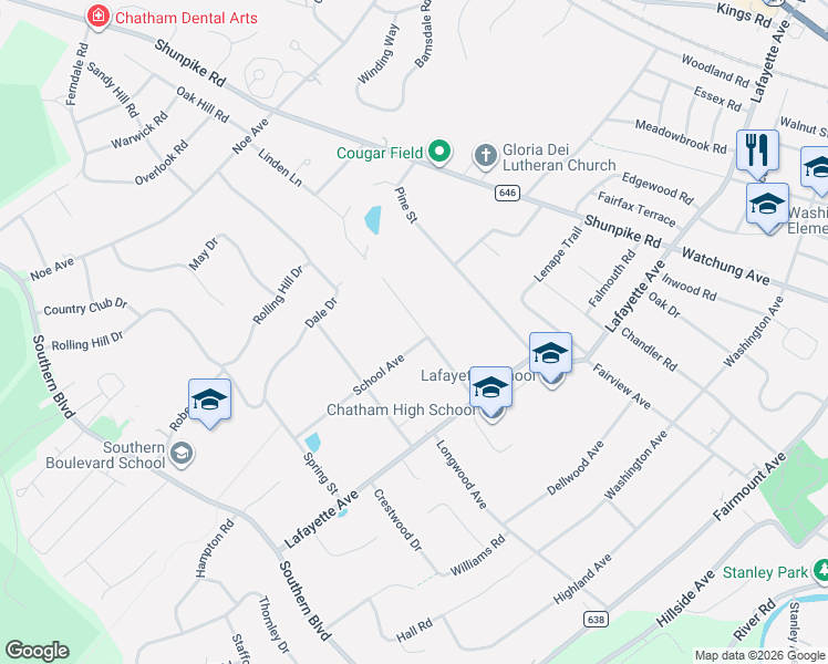 map of restaurants, bars, coffee shops, grocery stores, and more near 6 School Avenue in Chatham Township