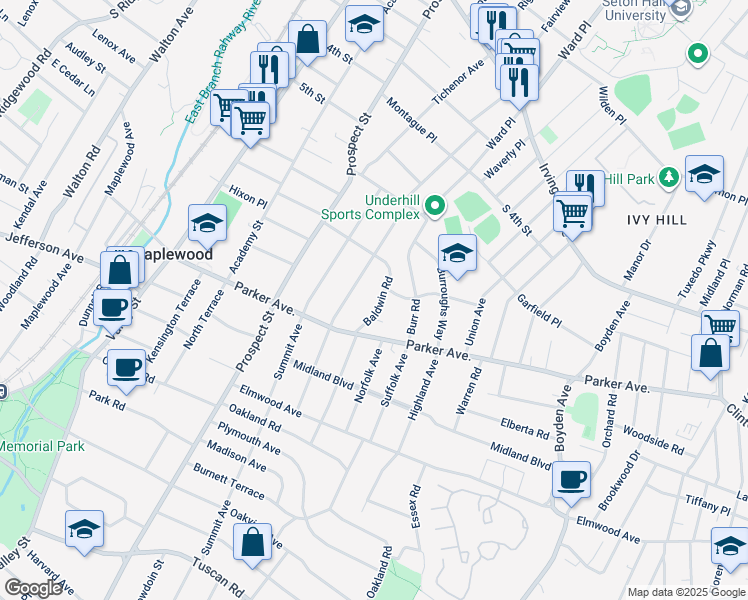 map of restaurants, bars, coffee shops, grocery stores, and more near 461 Baldwin Road in Maplewood