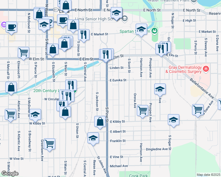 map of restaurants, bars, coffee shops, grocery stores, and more near 319-367 Highway 65 in Lima