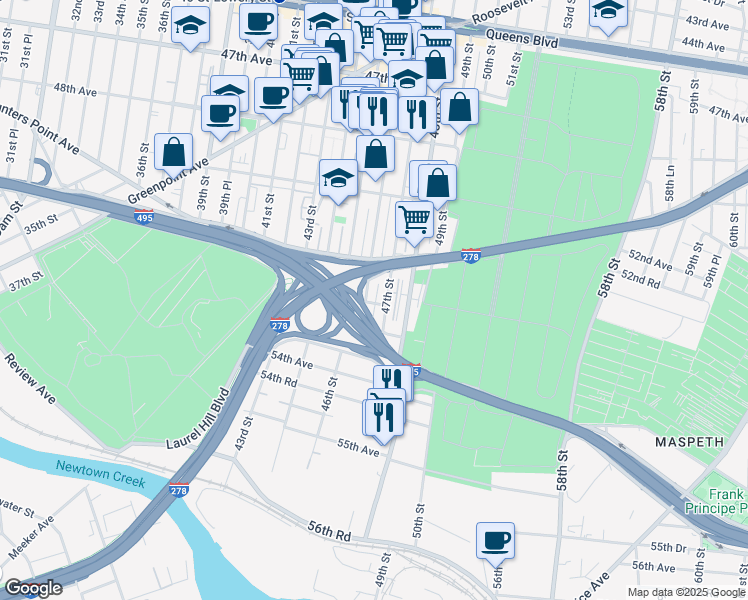 map of restaurants, bars, coffee shops, grocery stores, and more near 51-29 46th Street in Queens