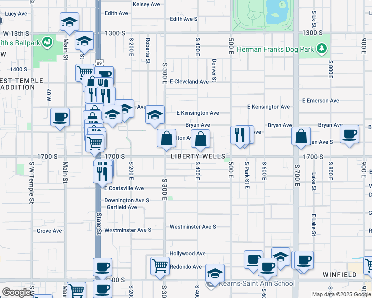 map of restaurants, bars, coffee shops, grocery stores, and more near 362-366 Logan Avenue in Salt Lake City