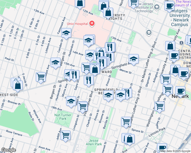 map of restaurants, bars, coffee shops, grocery stores, and more near 18 Irvine Turner Boulevard in Newark