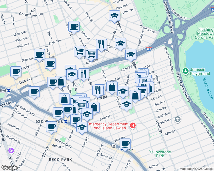 map of restaurants, bars, coffee shops, grocery stores, and more near 62-58 102nd Street in Queens