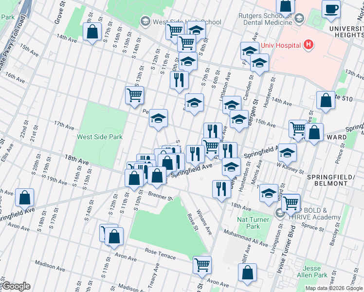 map of restaurants, bars, coffee shops, grocery stores, and more near 421-423 South 7th Street in Newark