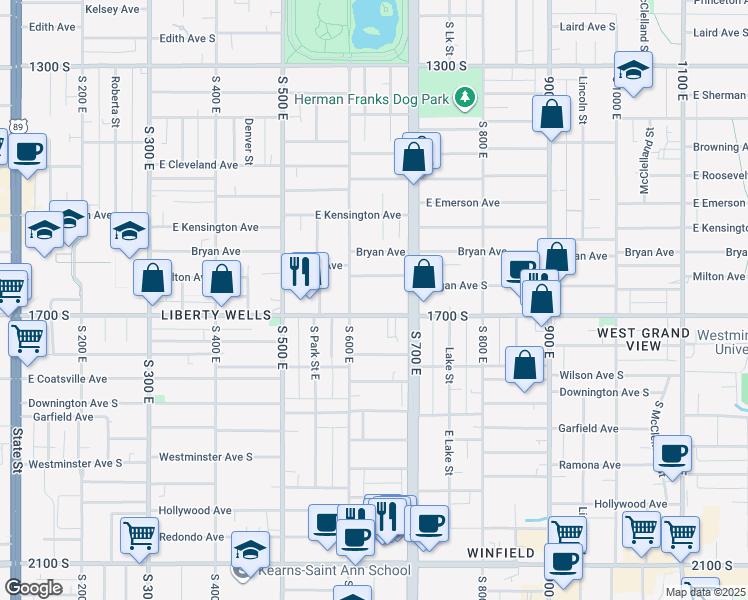 map of restaurants, bars, coffee shops, grocery stores, and more near 1675 South 600 East in Salt Lake City