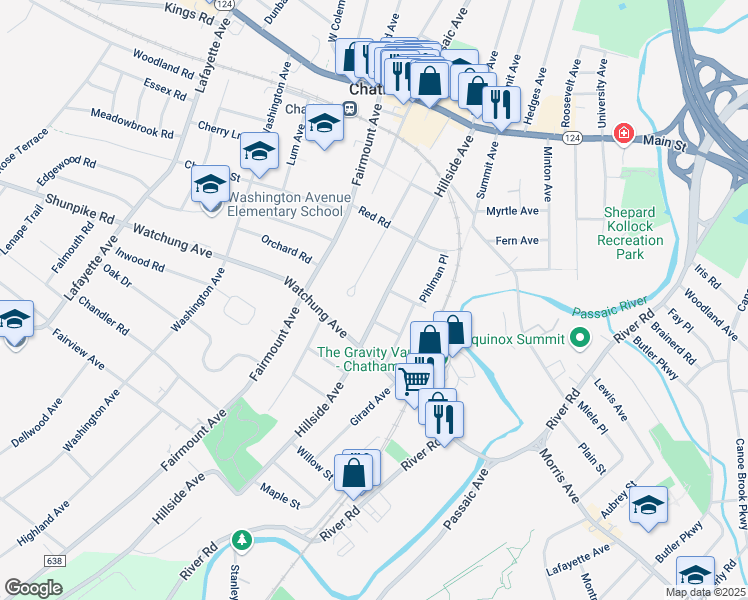 map of restaurants, bars, coffee shops, grocery stores, and more near 122 Hillside Avenue in Chatham