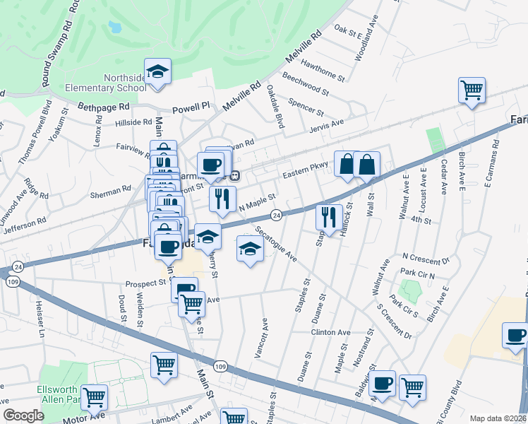 map of restaurants, bars, coffee shops, grocery stores, and more near 601 Conklin Street in Farmingdale