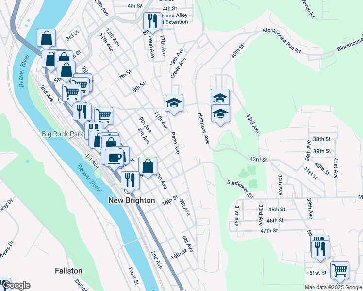 map of restaurants, bars, coffee shops, grocery stores, and more near 1133 Penn Avenue in New Brighton