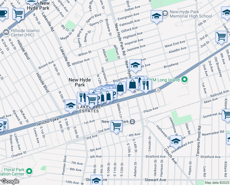 map of restaurants, bars, coffee shops, grocery stores, and more near 1305 Washington Avenue in New Hyde Park