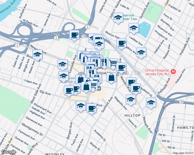 map of restaurants, bars, coffee shops, grocery stores, and more near 2954 John F. Kennedy Boulevard in Jersey City