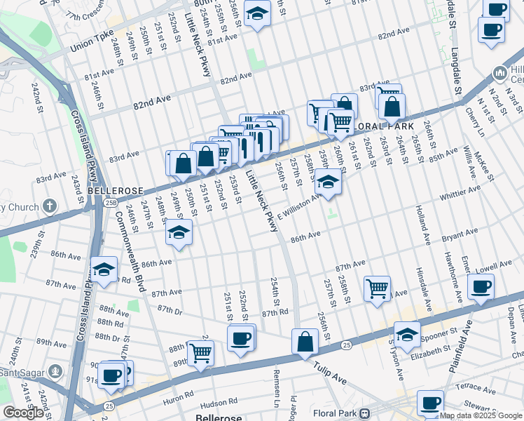 map of restaurants, bars, coffee shops, grocery stores, and more near 85-02 Little Neck Parkway in Queens